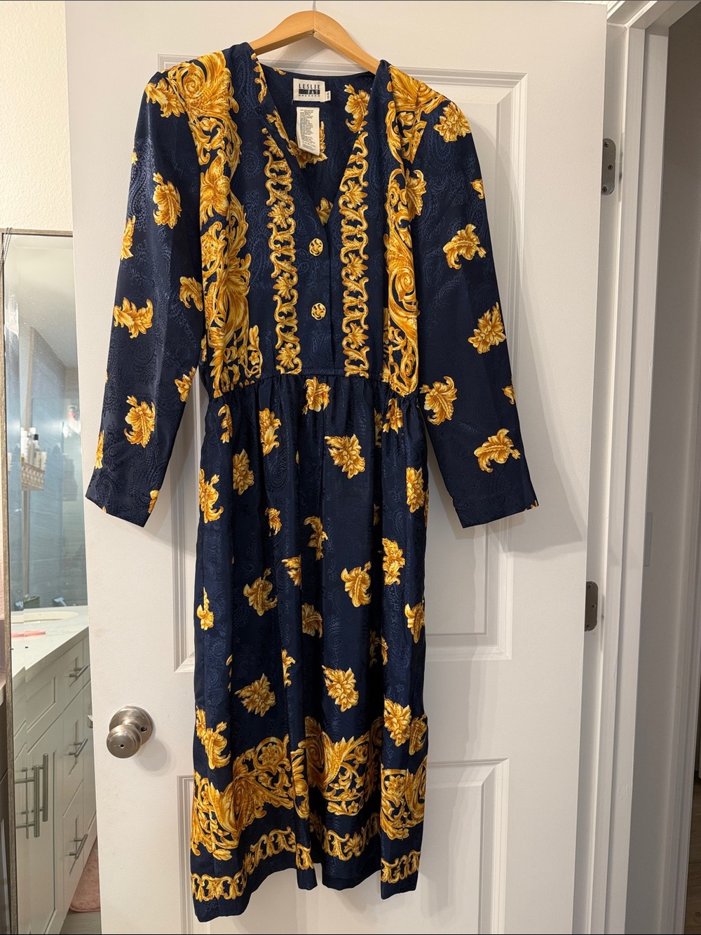Leslie Fay Navy and Gold Baroque Dress
